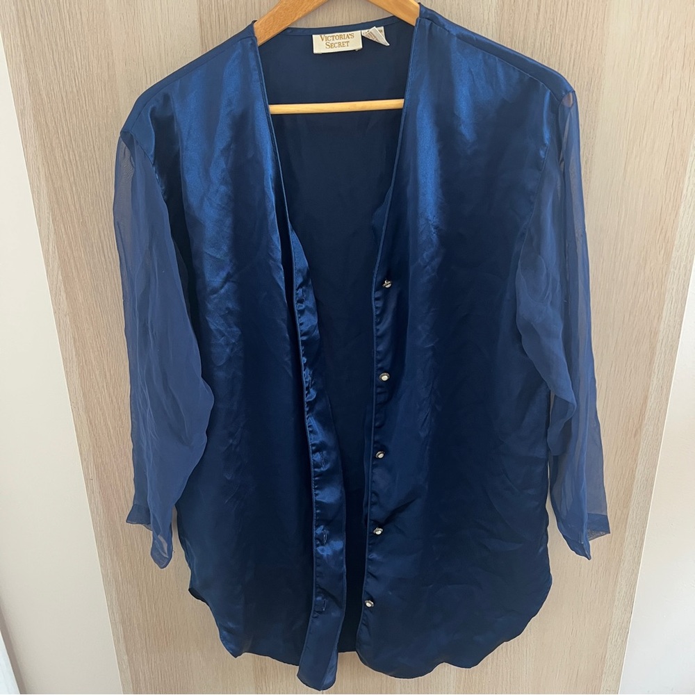 Victoria's Secret Gold Label Satin Navy Blue Sleep Shirt Nightgown Size P/S